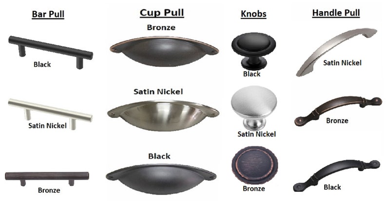K&ouml;nnte beinhalten: Sortiment an Schrankbeschl&auml;gen in den Ausf&uuml;hrungen Schwarz, Bronze und Satin-Nickel.  Enth&auml;lt Stangen-Griffe, Becher-Griffe, Kn&ouml;pfe und Griff-Griffe.