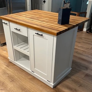 Butcher Block Kitchen Island with Seating & Storage – Custom Wood Kitchen Cart, Spice Rack, Farmhouse Prep Table, Rolling Island - Berdel