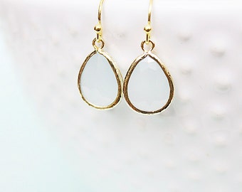 Bright Gold Framed Alice Blue Glass Stone Teardrop Earrings Bridal Earrings Bridesmaid Gift Bridesmaid Earrings