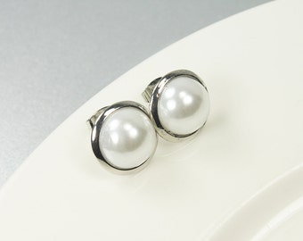 Silver Framed  White Pearl Post Earrings . Bridesmaid Earrings , Bridesmaid Gift , Wedding Jewelry .