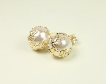 Gold Framed Ivory Color Pearl Beads Post Earrings . Wedding Jewelry , Bridal Earrings , Bridesmaid Earrings .