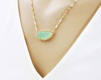 Gold Framed Mint Druzy Stone Necklace Bridal Necklace Bridesmaid Gift Bridesmaid Necklace Birthday Gift Dainty Mint Stone Necklace