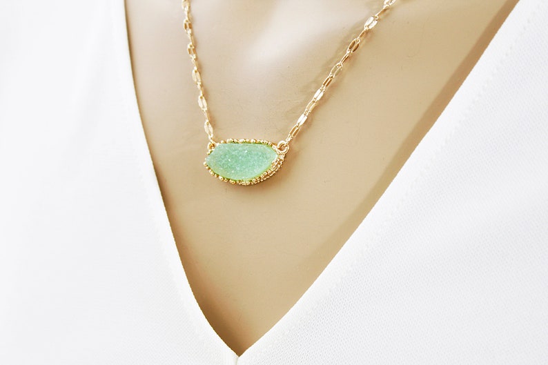 Gold Framed Mint Druzy Stone Necklace Bridal Necklace Bridesmaid Gift Bridesmaid Necklace Birthday Gift Dainty Mint Stone Necklace image 1