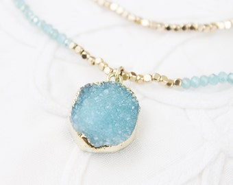 Blue and White Druzy Stone Pendant with Double Beads Chain Necklace Bridesmaid Necklace