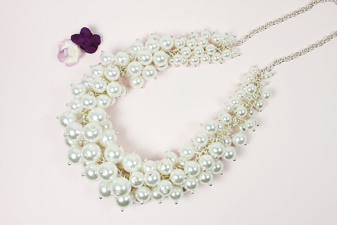 White Pearl Beads Cluster Necklace With Silver Chain ./ Etsy