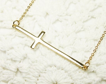 Sideways Cross Necklace in Gold. Simple and Modern Necklace  Dainty Cross Necklace Gift for Friends