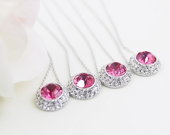Set of 3 Hot Pink Opal Stone with Tiny Rhinestone Necklace . Bridesmaid Necklace , Bridesmaid Gift , Wedding Jewelry .