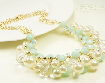 Ivory Color Pearl and Mint Blue / Clear Stone Mixed Statement Necklace .  Wedding Jewelry  , Bridesmaid Necklace .