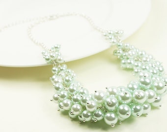 Mint Green Color Pearl Beads Cluster Necklace with Silver Chain /  Wedding Jewelry  Bridesmaid Necklace