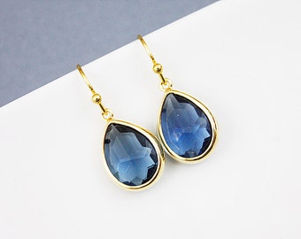 Gold Framed Amethyst Navy Blue Glass Stone Earrings, Bridal Earrings, Bridesmaid Earrings .