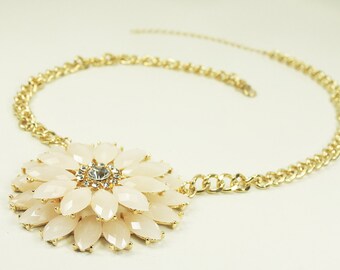 Gold Framed Cream Color Flower Shape Tone and Tiny Rhinestone Necklace . Bridal Necklace , Bridesmaid Necklace , Bridesmaid Gift .