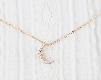 Rose Gold Crescent Moon with Rhine stone Pendant Necklace . Bridesmaid Necklace Bridesmaid Gift Dainty Moon Necklace
