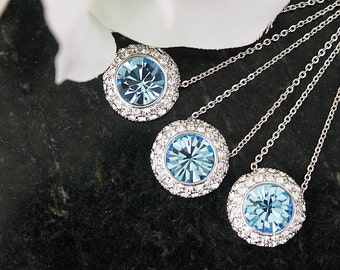 Set of  Aqua Blue Color Round Stone with Cubic Necklace . Wedding Jewelry , Bridal Necklace . Bridesmaid Gift .