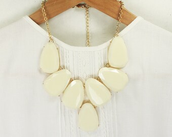 Gold Framed Ivory Stone Bib Necklace . Bridal Necklace , Bridesmaid Necklace .