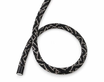 Black Delica Bead Crochet Necklace, 42 cm Metallic Seed Bead Rope with Magnetic Clasp