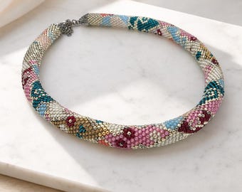 Handmade Toho Seed Bead Crochet Necklace, Geometric Pattern Statement Jewelry