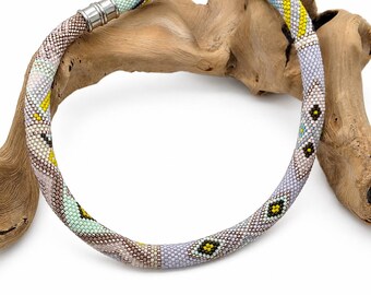 Rose Gold Pastel Beaded Rope Necklace, Delica Seed Bead Choker, Magnetic Clasp, 42.5 cm