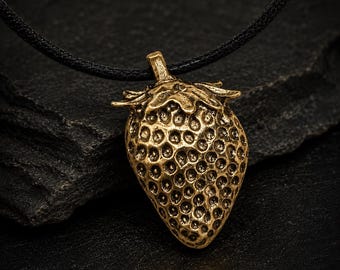 Handcrafted Bronze Strawberry Pendant Necklace, Botanical Woodland Charm Jewelry