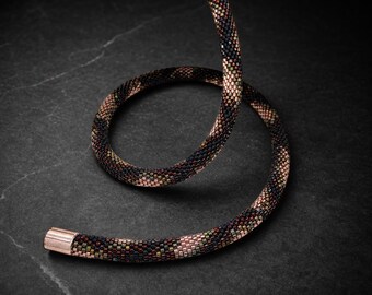 Black Bronze Bead Crochet Necklace, Delica 15/0 Rope, 46.5 cm, Magnetic Clasp