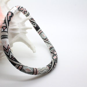 Beaded Necklace - &quot;SILVER MIST - II&quot;, Statement Silver Black Necklace, Silver Necklace, Crochet Beaded Rope, Beaded Choker, Grey Pink