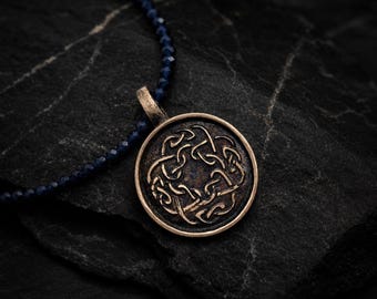 Bronze Celtic Knot Pendant Necklace | Woven Circle Amulet, Sapphire Beads