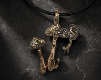 Handcrafted Snow Bronze Mushroom Pendant Necklace, Enchanted Forest Woodland Jewelry