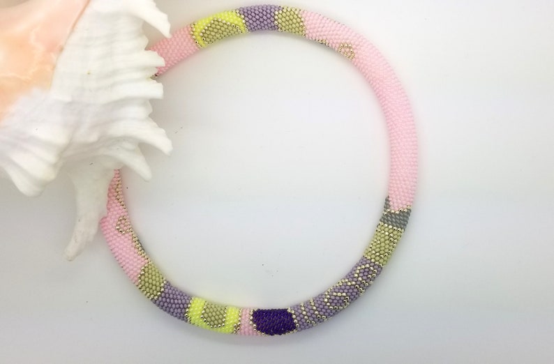Light Bright Colors Crochet Necklace SHEER BLISS Elegant Bead Crochet Rope Pink Silver Grey Purple Neon Yellow