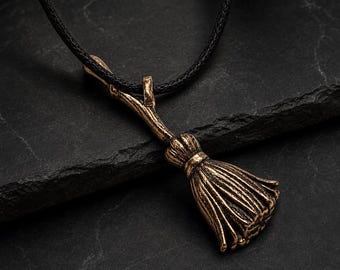 Gold Bronze Witch's Broom Pendant, Handcrafted Pagan Charm Necklace, Folklore Jewelry