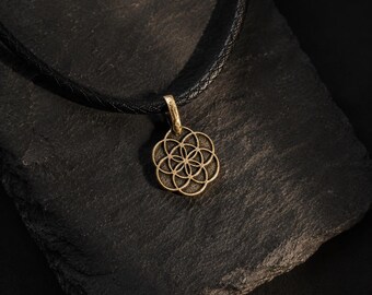 Gold Bronze Flower of Life Pendant Necklace | Minimalist Sacred Geometry Charm