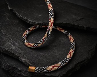 Colorful Delica Beaded Rope Necklace, Seed Bead Choker, Geometric Statement Necklace, Antique Magnetic Clasp