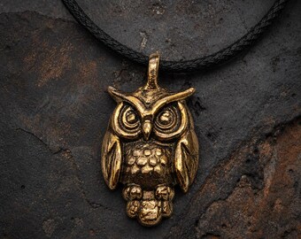 Handmade Gold Bronze Owl Pendant Necklace, Woodland Bird Charm, Nature Inspired Jewelry