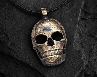 Gold Bronze Skull Pendant Necklace – Handmade Gothic Biker Style Jewelry
