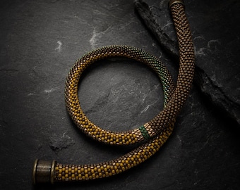 Bronze Green Toho Seed Bead Crochet Necklace, 42cm Rope Choker, Magnetic Clasp