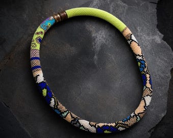 Colorful Delica Beaded Rope Necklace, Seed Bead Choker, Geometric Statement Necklace, Antique Magnetic Clasp