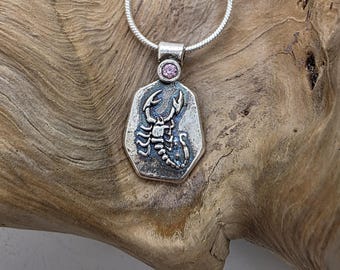 Fine Silver Scorpio Pendant with Pink CZ | Handmade Zodiac Astrology Charm