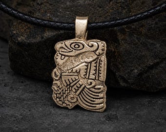 Aztec Maya Inspired Pendant Necklace, Snow White Bronze, Mesoamerican Symbol Jewelry