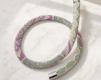 Pastel Bead Crochet Necklace, Pink Mint Silver Delica Seed Bead Choker, Magnetic Clasp
