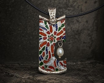Fine Silver Enamel Pendant with Pearl | Mosaic Modern Necklace | Artisan Jewelry
