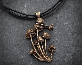 Snow Bronze Mushroom Pendant Necklace, Fantasy Forest Jewelry, Woodland Statement Necklace, Handmade Botanical Gift