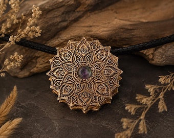 Bronze Mandala Pendant | Color Changing Stone Necklace | Sacred Geometry Jewelry | Handmade Spiritual Necklace