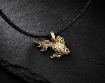 Handmade Gold Bronze Fish Pendant Necklace | Minimalist Artisan Charm on Black Cord