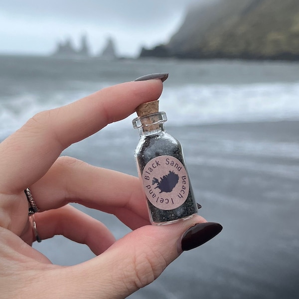 Iceland Black sand beach, black sand in a tiny bottle, souvenir from Reynisfjara Iceland, memory of Iceland.