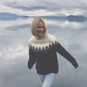 Authentic Icelandic wool sweater, lopapeysa, Warm and cozy pullover. Hand knit in black, white and gray. Unisex. Made to order.