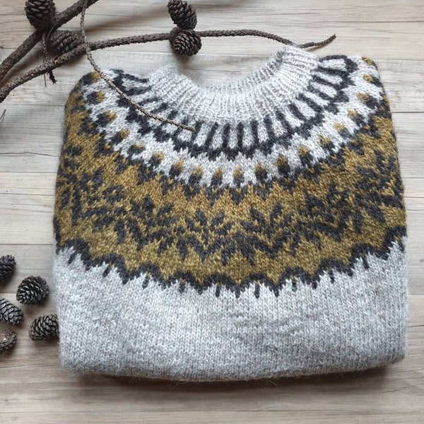 Authentic Icelandic wool sweater. Oatmeal with beautiful charcoal and moss green pattern. Warm lopapeysa ready to ship.