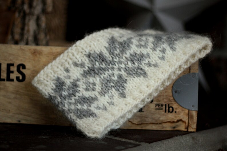Icelandic wool Headband Earwarmer Grey White Snow Flakes Etsy