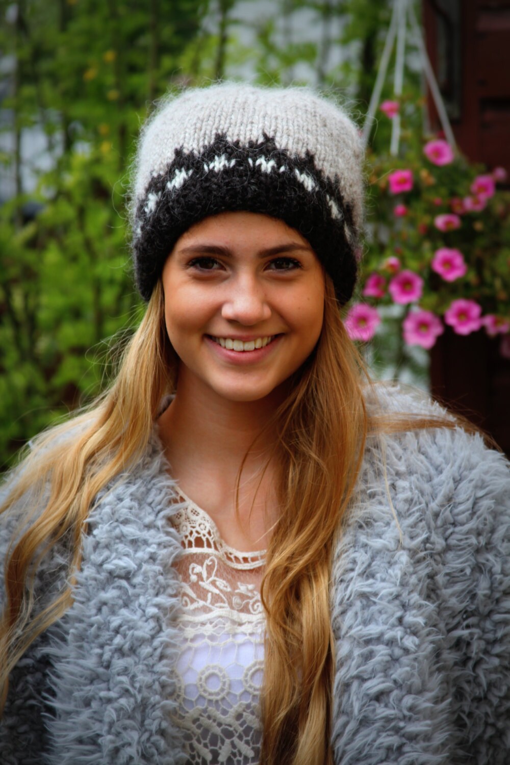 Icelandic wool hat Oatmeal Black White Warm Cozy Knit | Etsy