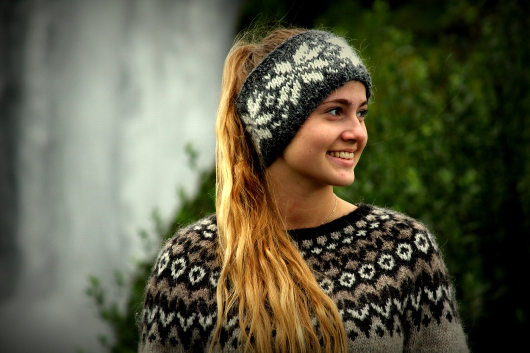 Icelandic Headband / Ear Warmer. Grey With White Snow Flake Pattern