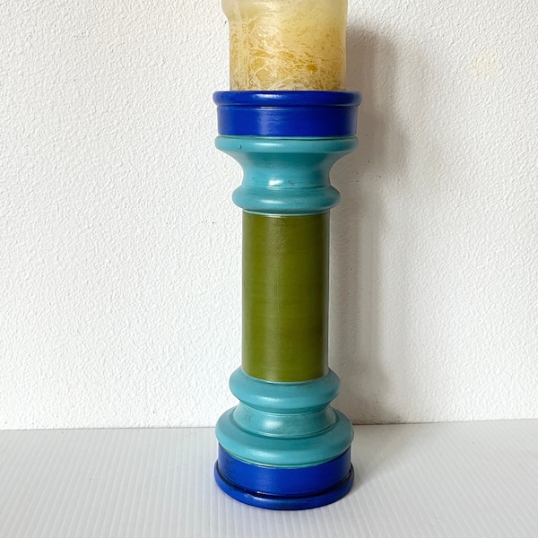 Vintage Large Candle Holder Blue Green Bands Bold Color Statement Piece Pillar