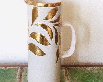 Mid Century Gold Italian Leaf Vase Pitcher Boho Luxe Table Italy Pottery Leafy Vine