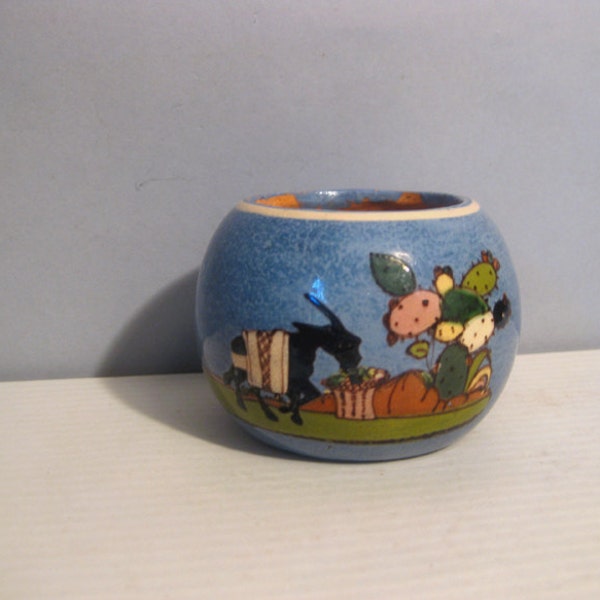 RESERVED for Georgia*Vintage Tlaquepaque Mexican Pottery Miniature Pot Blue Planter Round Hand Painted